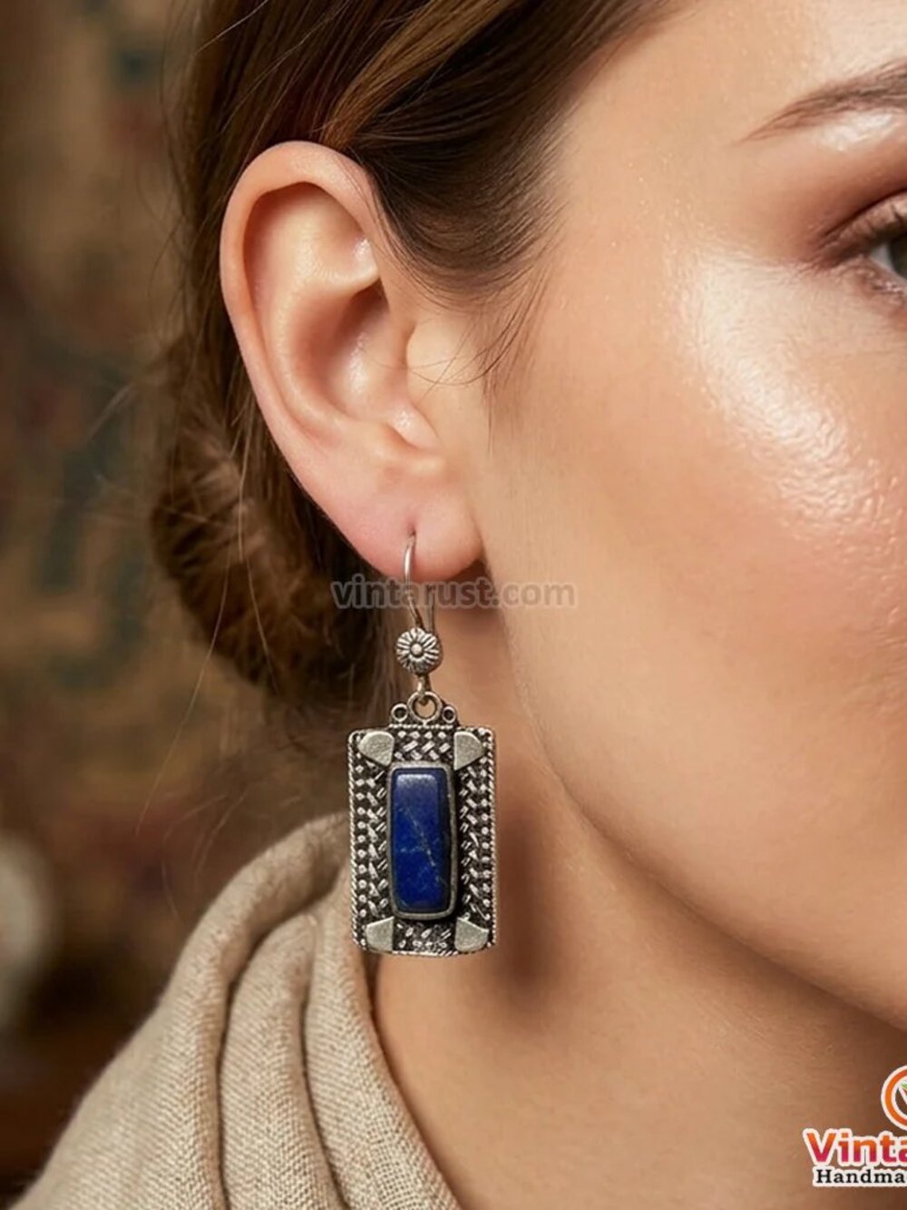 Rectangular Lapis Lazuli Earrings: Bohemian Vintage Style Jewelry